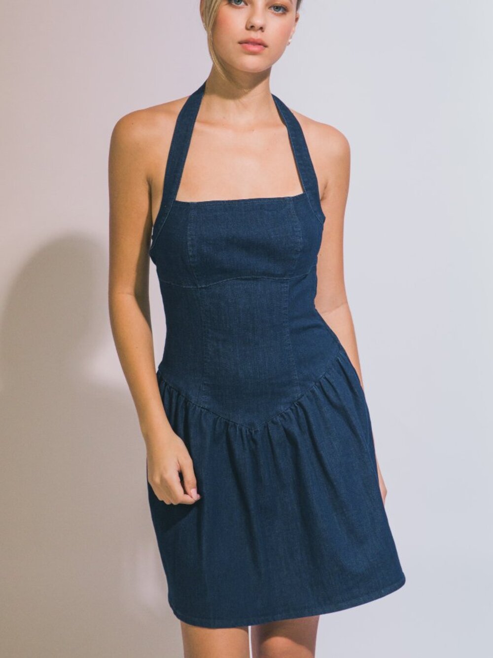 NWT Indigo Blue Denim Halter Cotton Blend Mini Dress Smocked Back Zipper